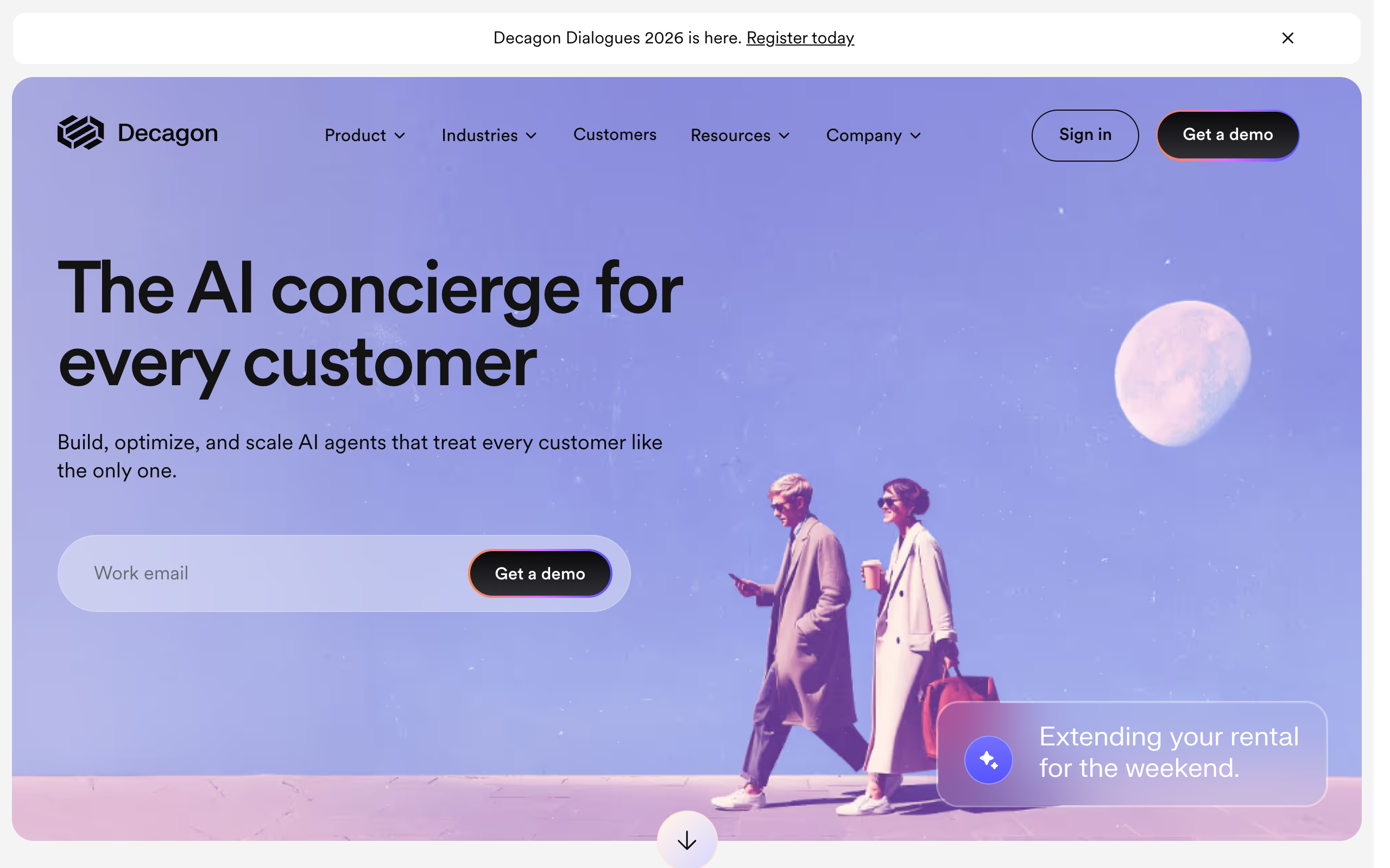 Decagon homepage with the headline The AI concierge for every customer and a Get a demo button