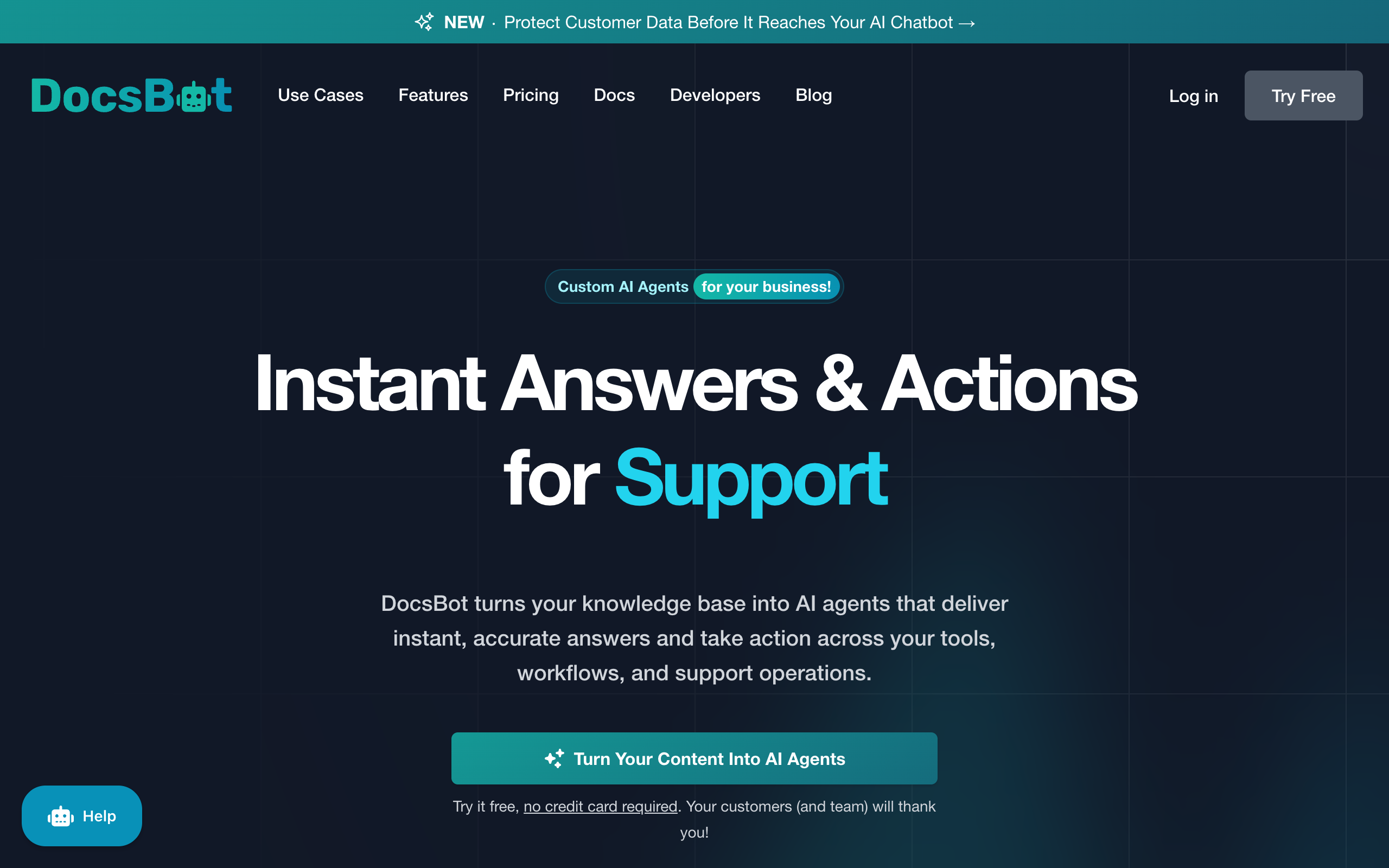 DocsBot homepage headlined Instant Answers and Actions for Support, describing AI agents that answer from a knowledge base and take action across tools and workflows