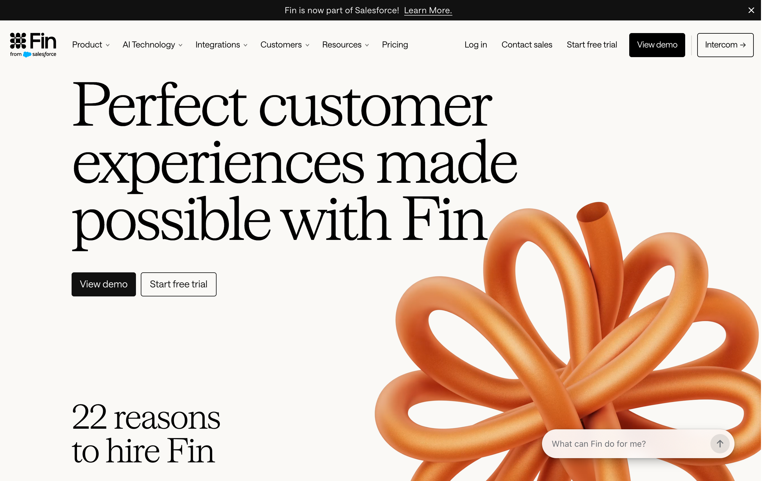 Fin homepage with the headline Perfect customer experiences made possible with Fin and buttons for View demo and Start free trial