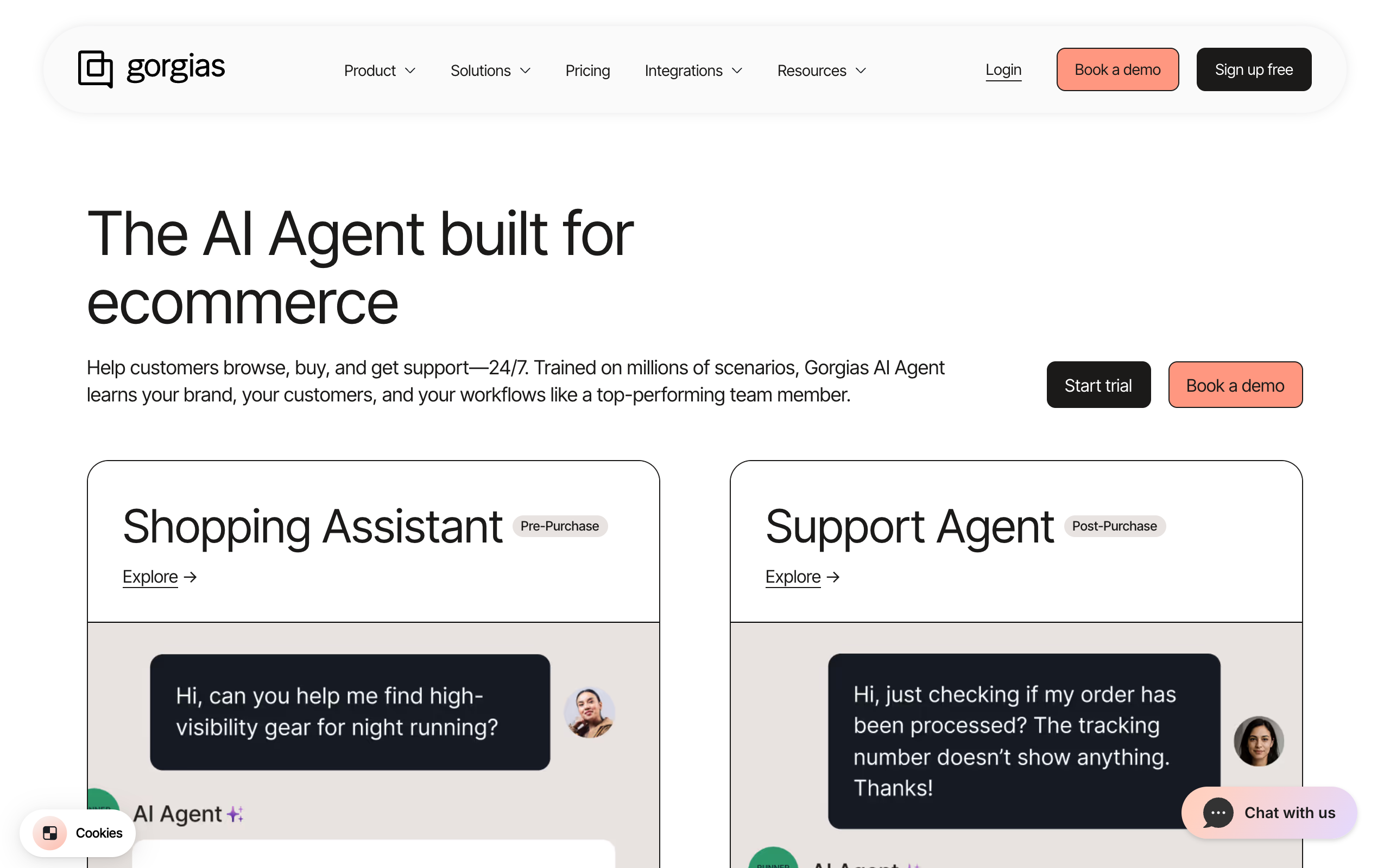 Gorgias AI Agent page with the headline The AI Agent built for ecommerce, showing Shopping Assistant and Support Agent
