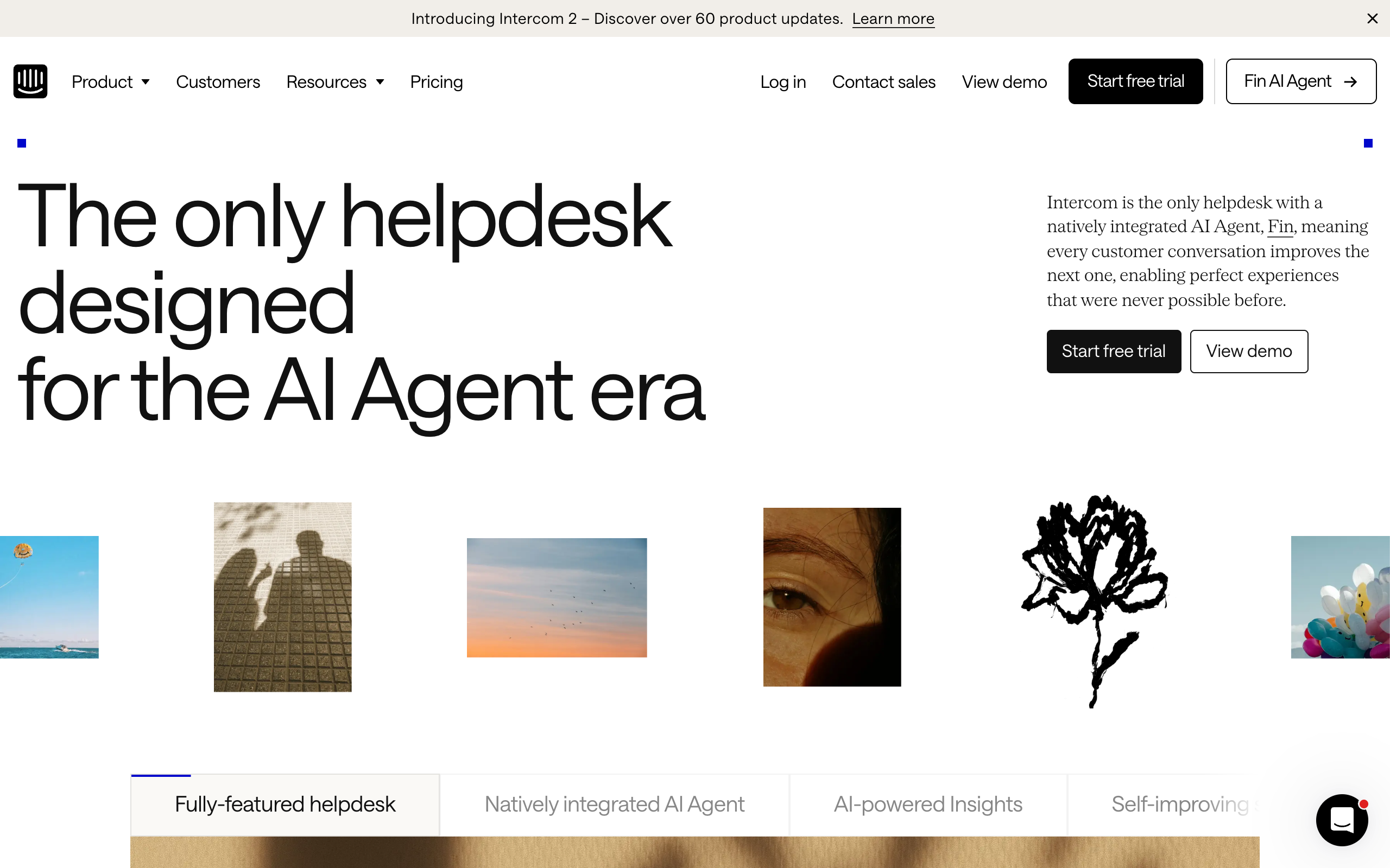 Intercom homepage featuring the Fin AI agent