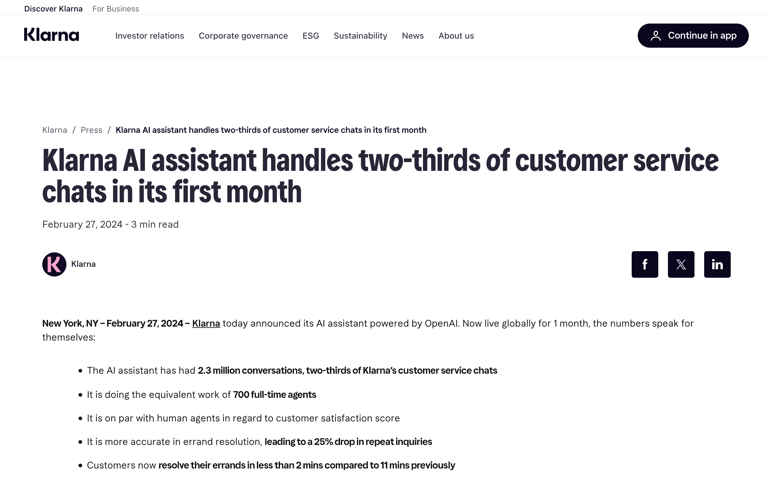 Klarna's press release reporting that its AI assistant handled two-thirds of customer service chats in its first month