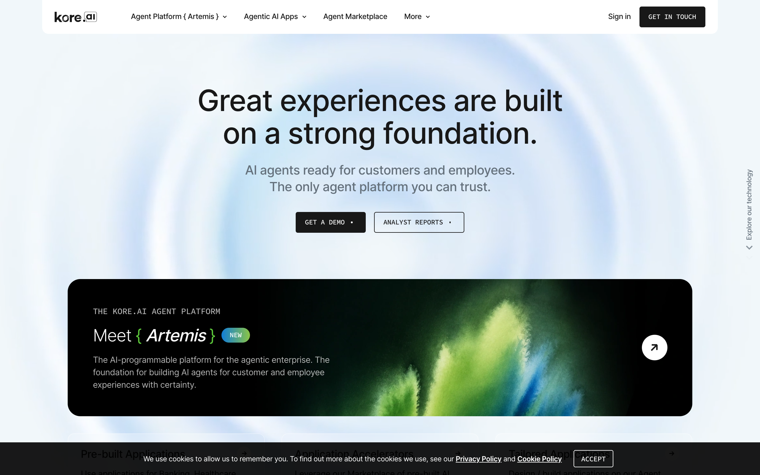 The Kore.ai homepage, showing its Artemis agent platform for customer and employee AI agents