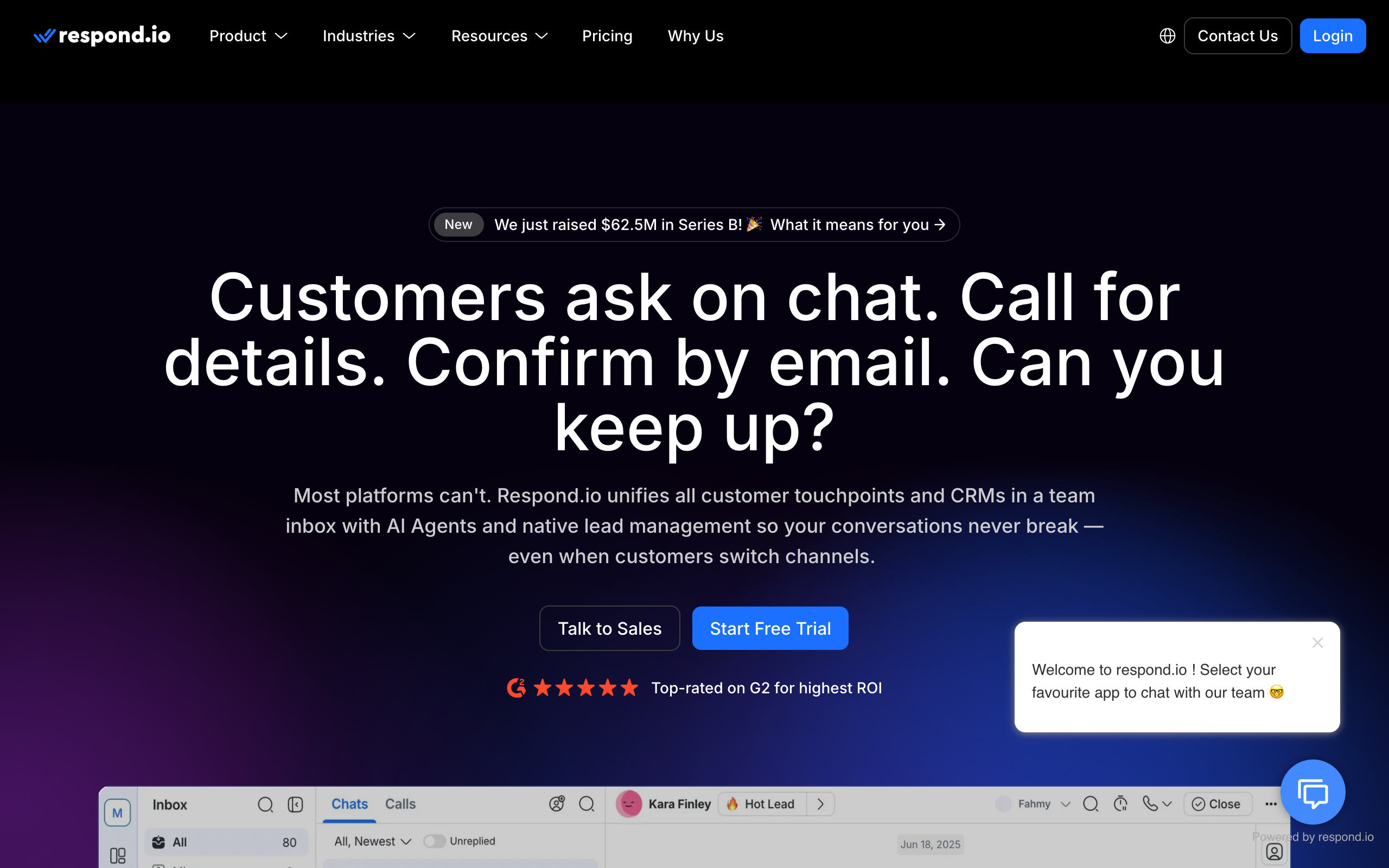 The respond.io homepage presenting its AI-powered customer conversation management platform