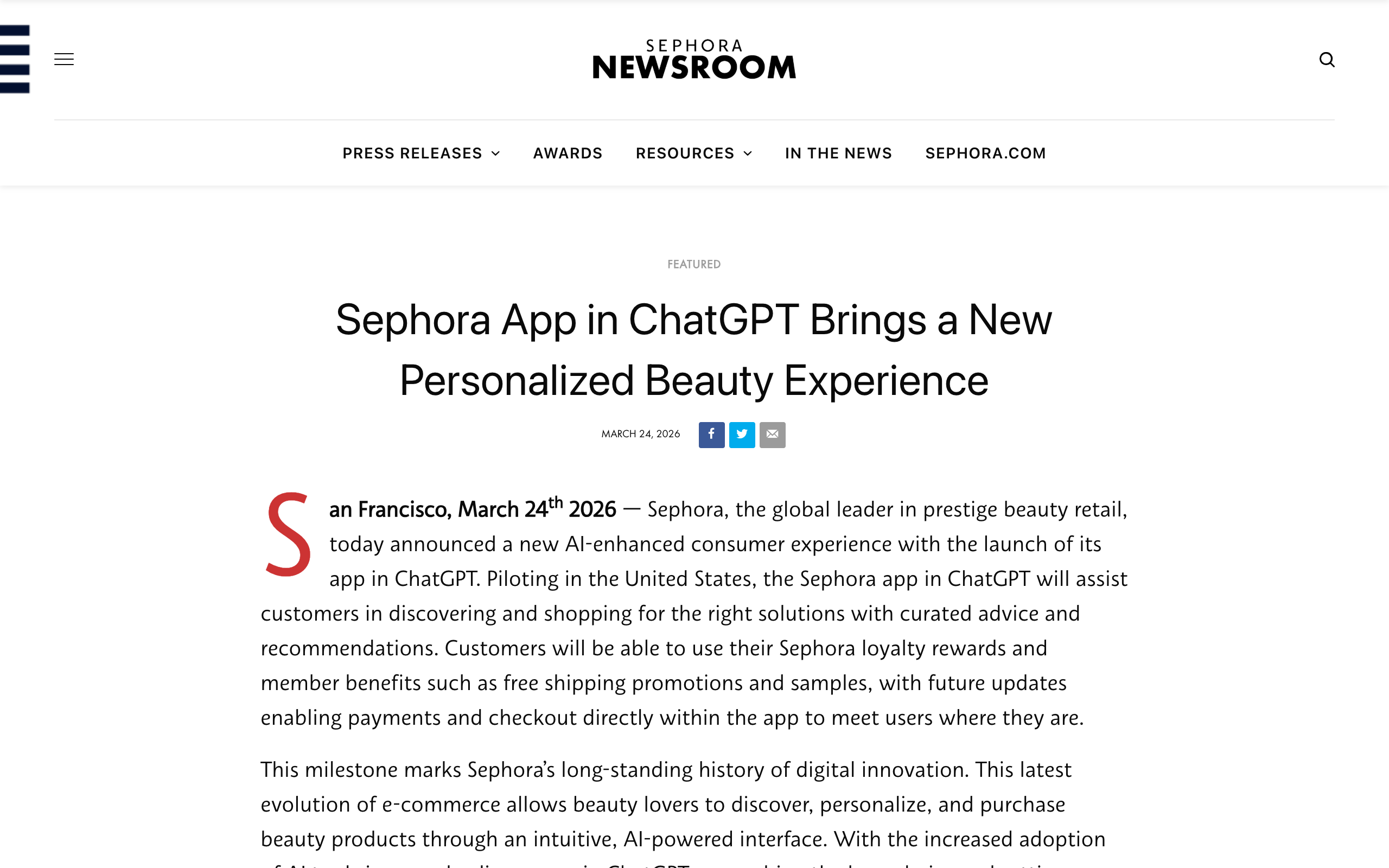Sephora newsroom announcement of the Sephora app in ChatGPT, offering personalized beauty recommendations and loyalty benefits inside the assistant