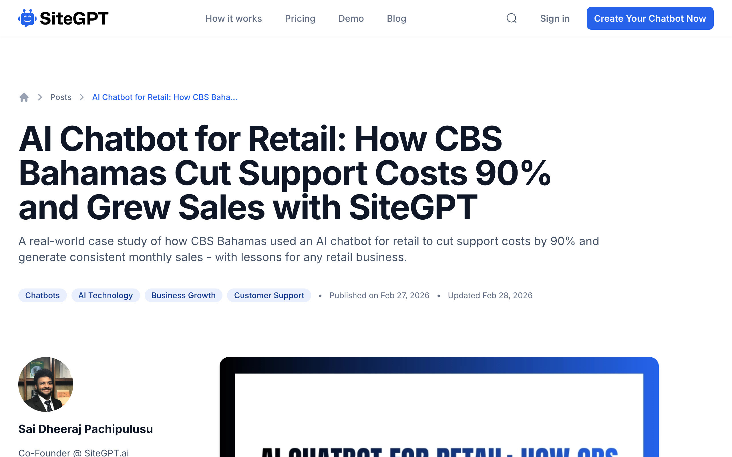 SiteGPT's CBS Bahamas case study page, reporting a 90% reduction in monthly support cost and about $10,000 in monthly attributed sales