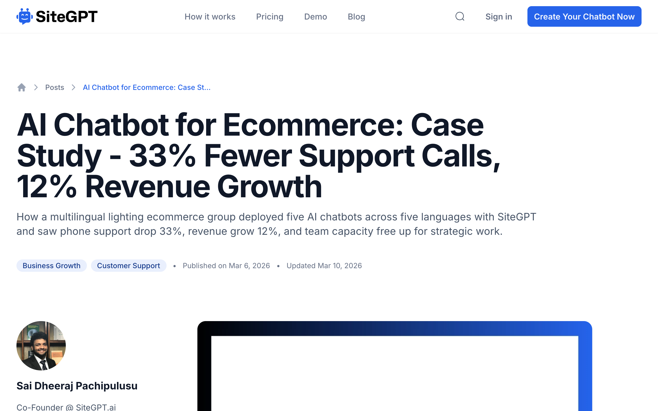 SiteGPT's published ecommerce case study of a multilingual lighting retailer, reporting 33% fewer support calls and 12% revenue growth