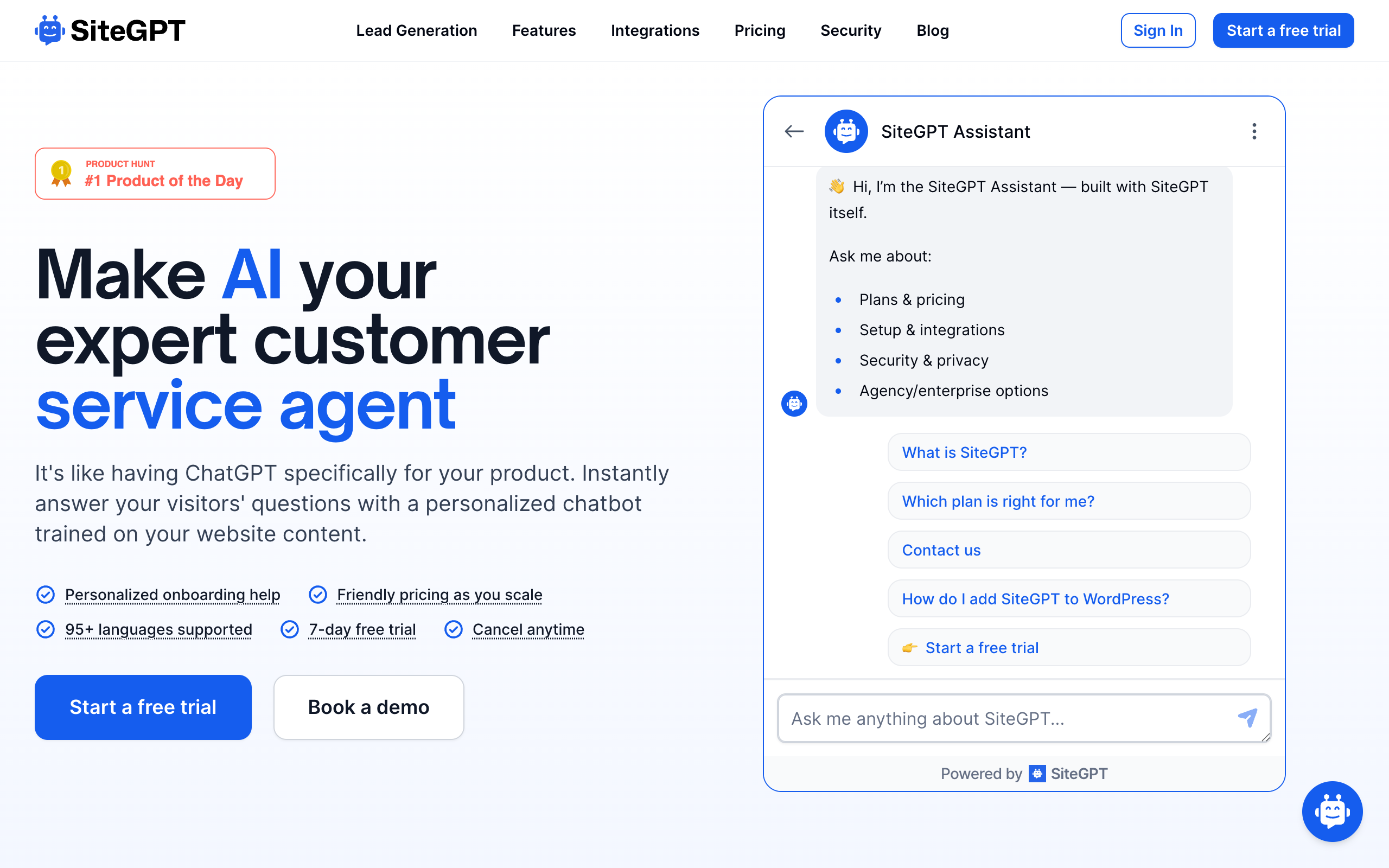 SiteGPT homepage: make AI your expert customer service agent, trained on your website content