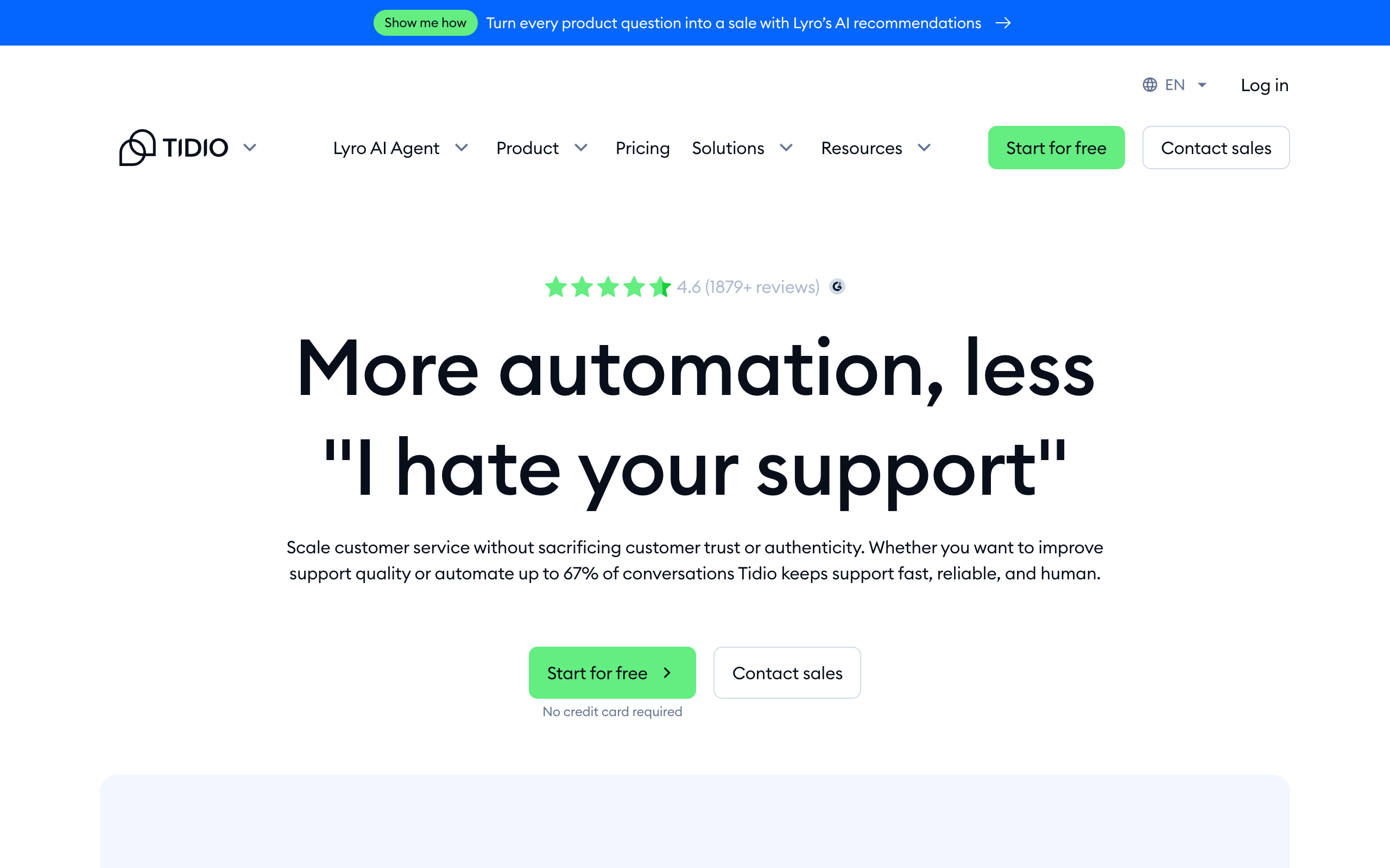 Tidio homepage featuring the Lyro AI agent