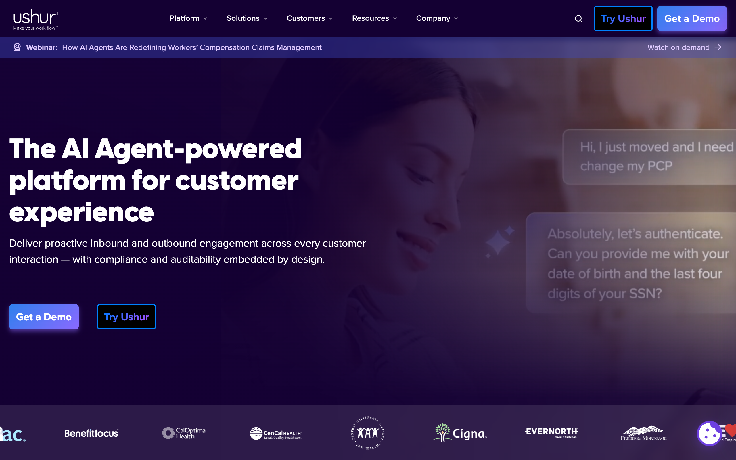 The Ushur homepage, showing a member asking to change their primary care physician, with health plan customer logos below