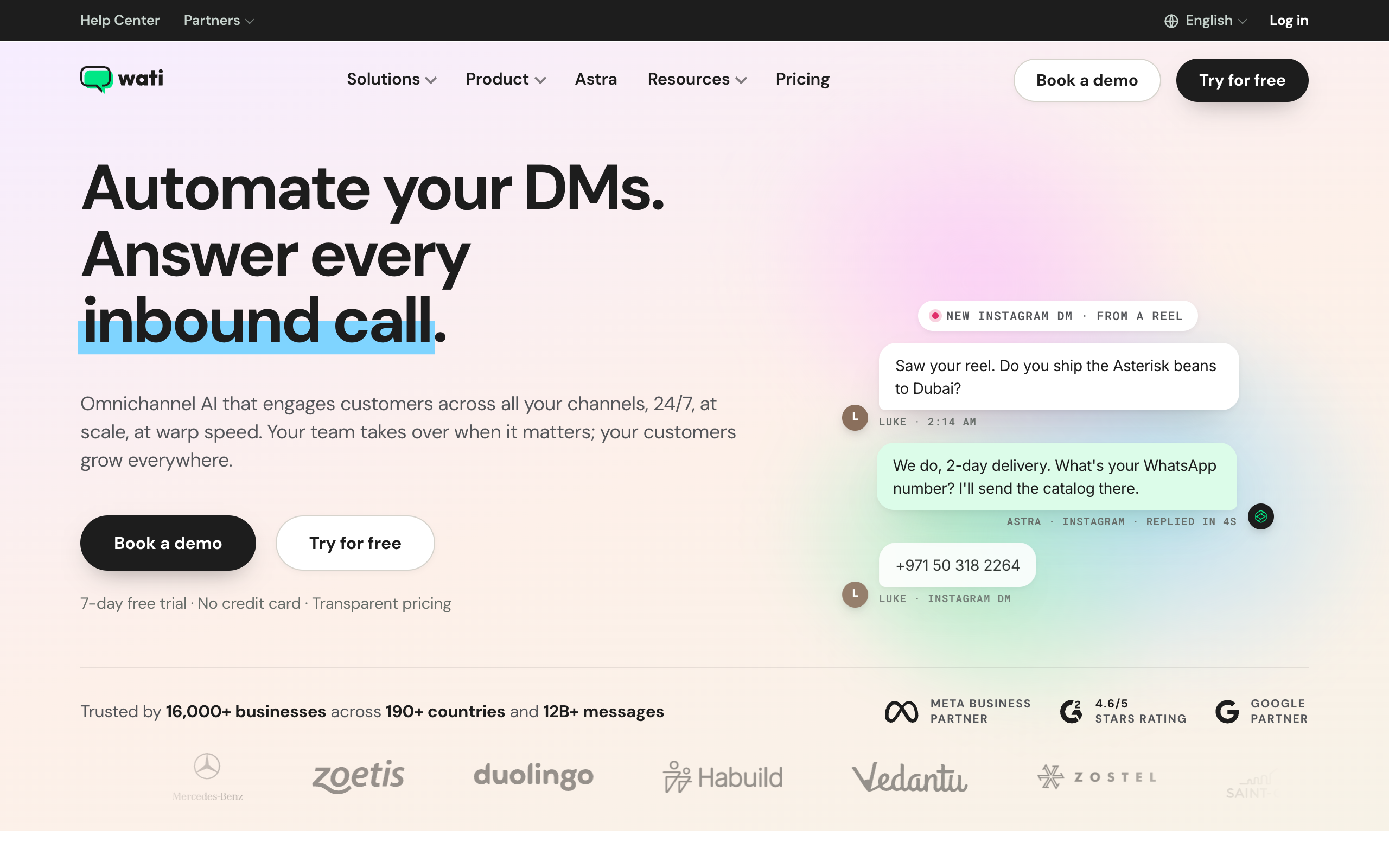 The Wati homepage presenting its WhatsApp Business API platform for teams