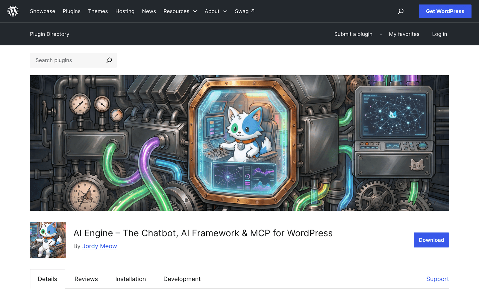 The AI Engine plugin page on WordPress.org, showing over 100,000 active installations and testing against WordPress 7.1