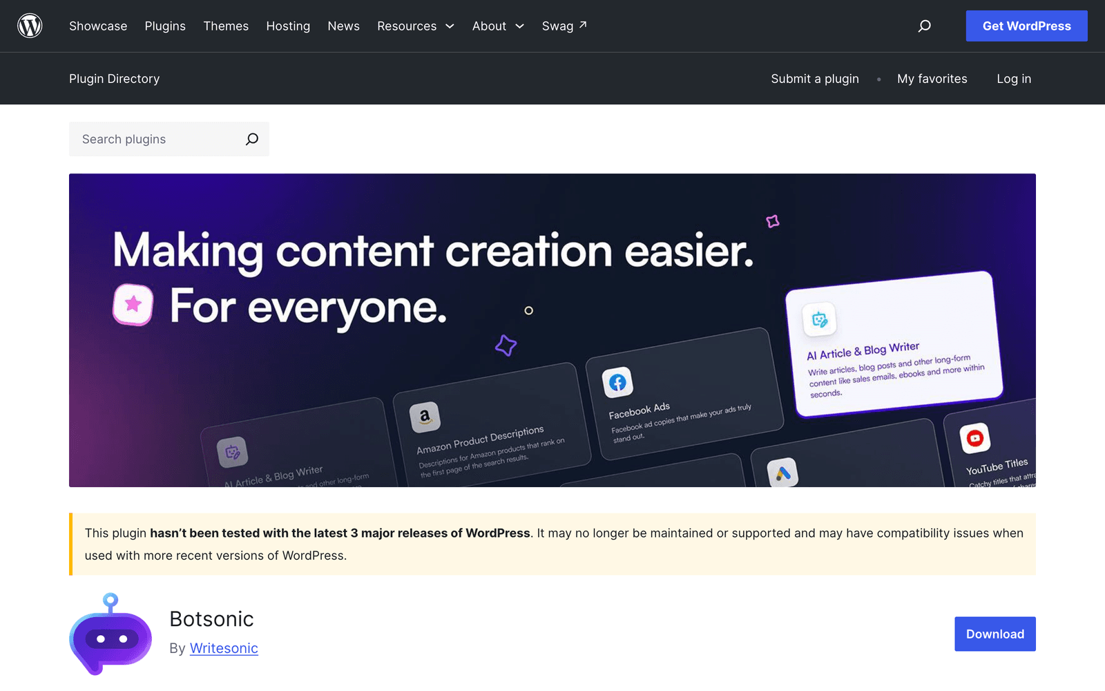 The Botsonic plugin page on WordPress.org, showing 100+ active installations, no reviews and a last update in 2023