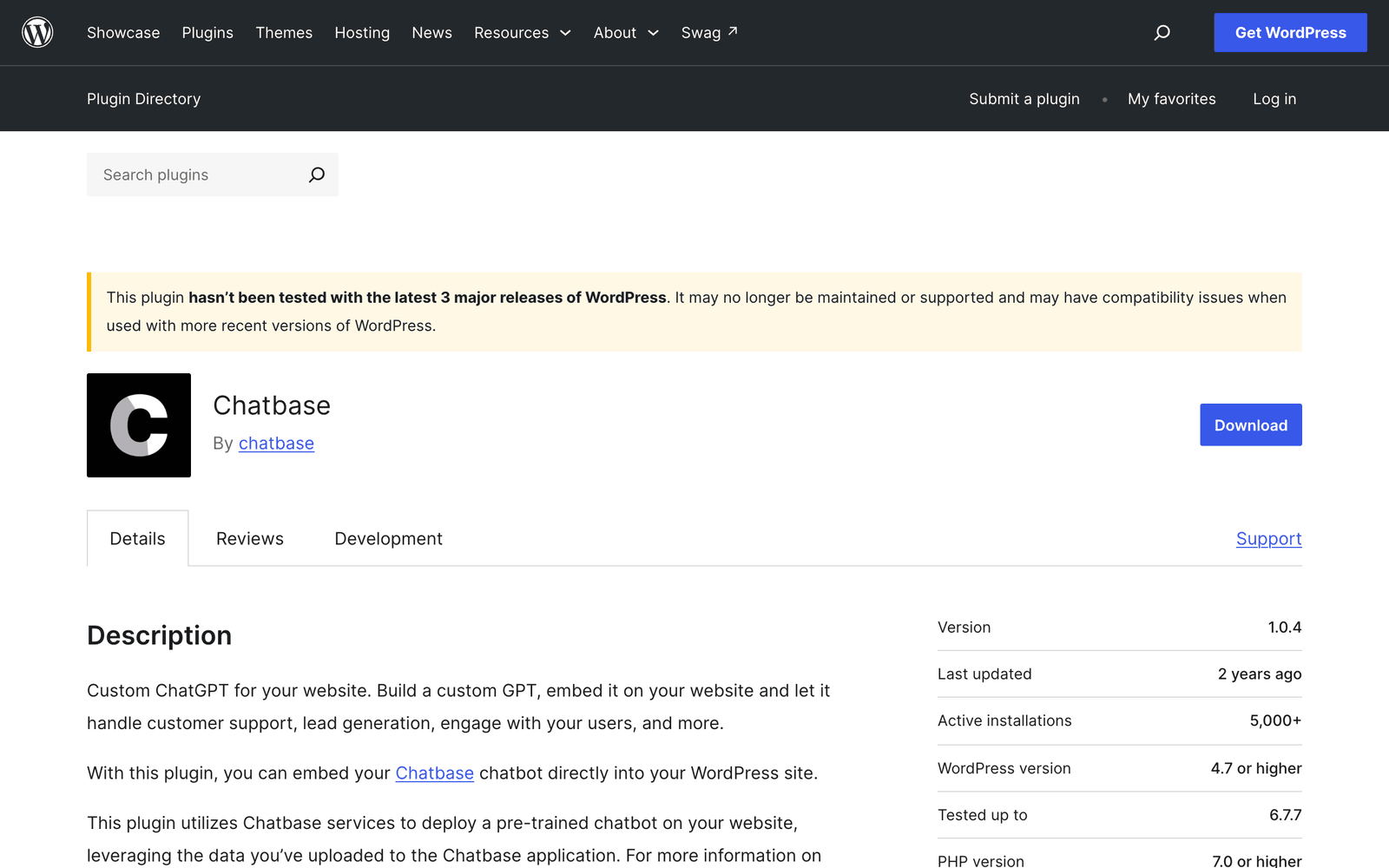 The Chatbase plugin page on WordPress.org, showing a warning that the plugin has not been tested with the latest 3 major releases, last updated 2 years ago, 5,000+ active installations, tested up to 6.7.7