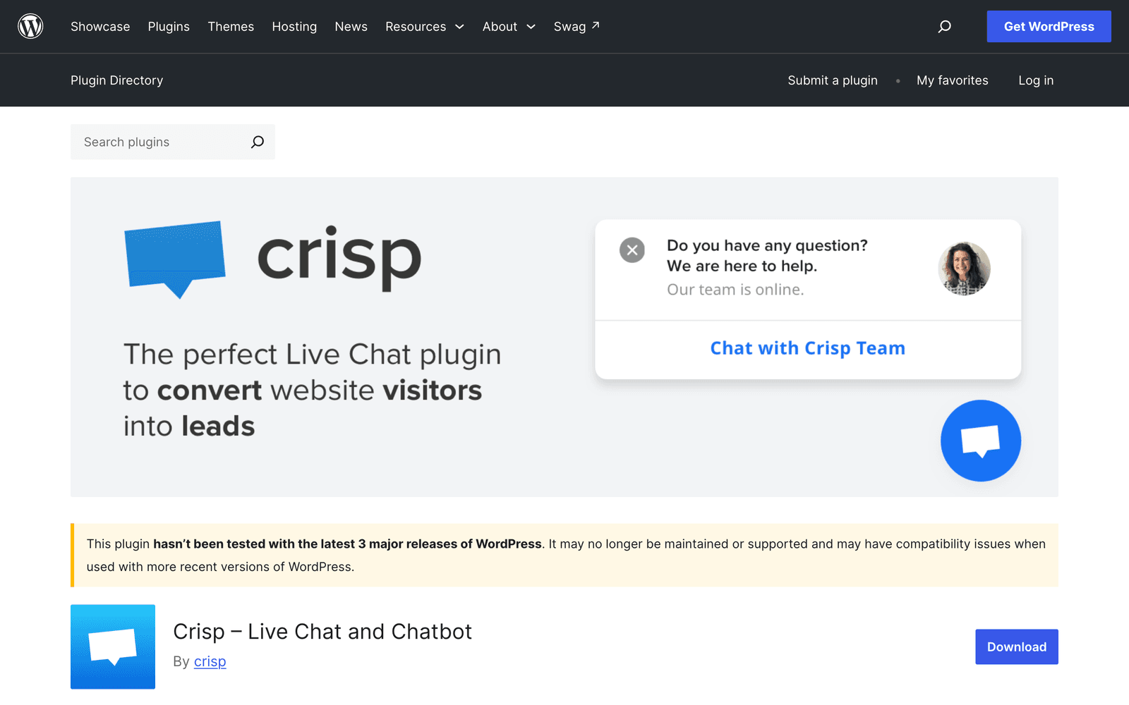 The Crisp Live Chat and Chatbot plugin page on WordPress.org, showing 20,000+ active installations and an old last-updated date