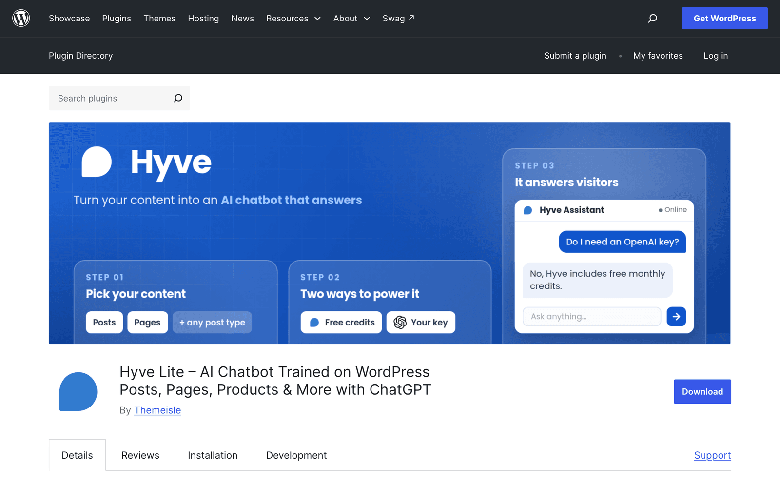 The Hyve Lite plugin page on WordPress.org, described as an AI chatbot trained on WordPress content, with 6,000+ active installations