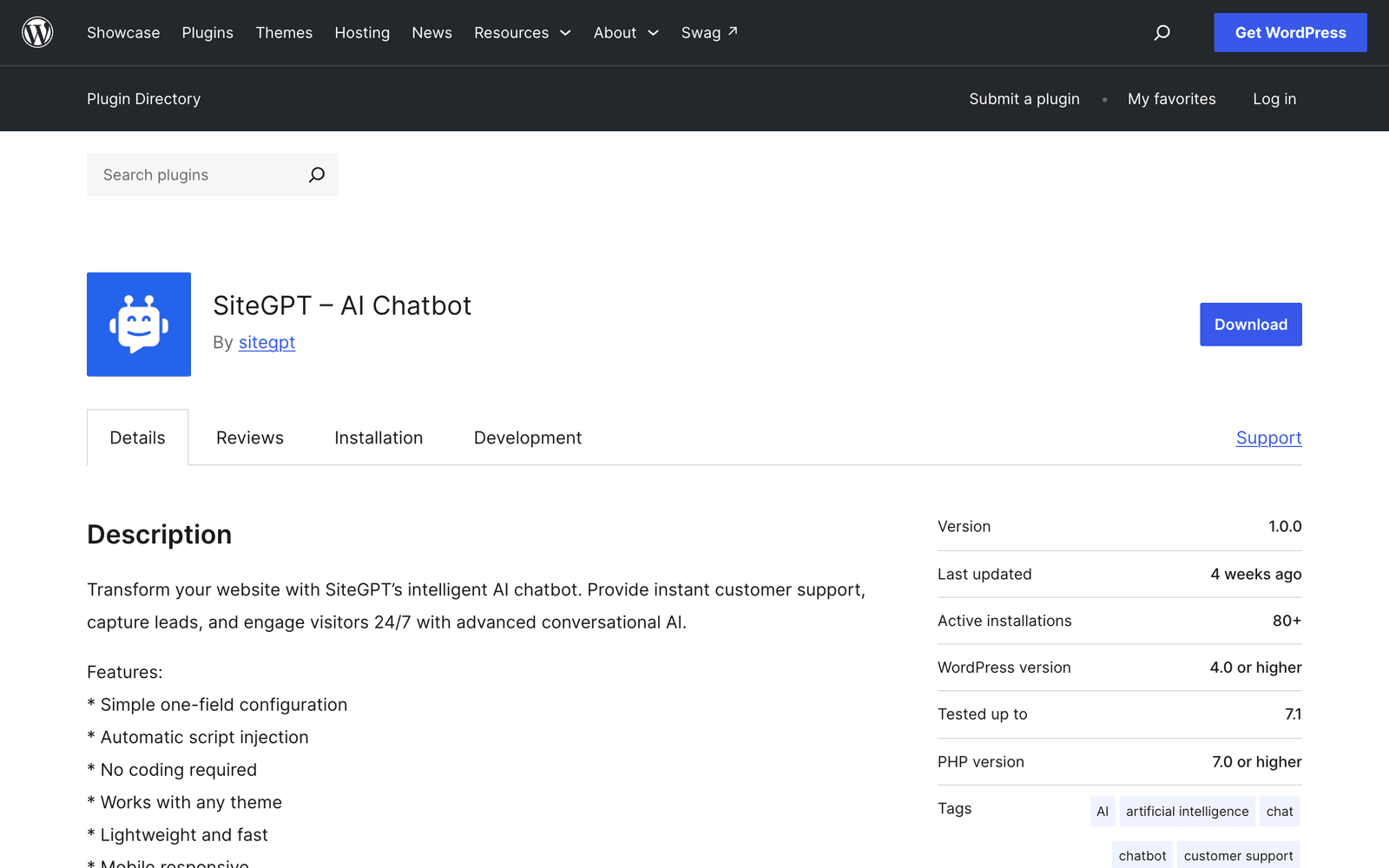 The SiteGPT AI Chatbot plugin page on WordPress.org, showing 80+ active installations, version 1.0.0 and testing against WordPress 7.1