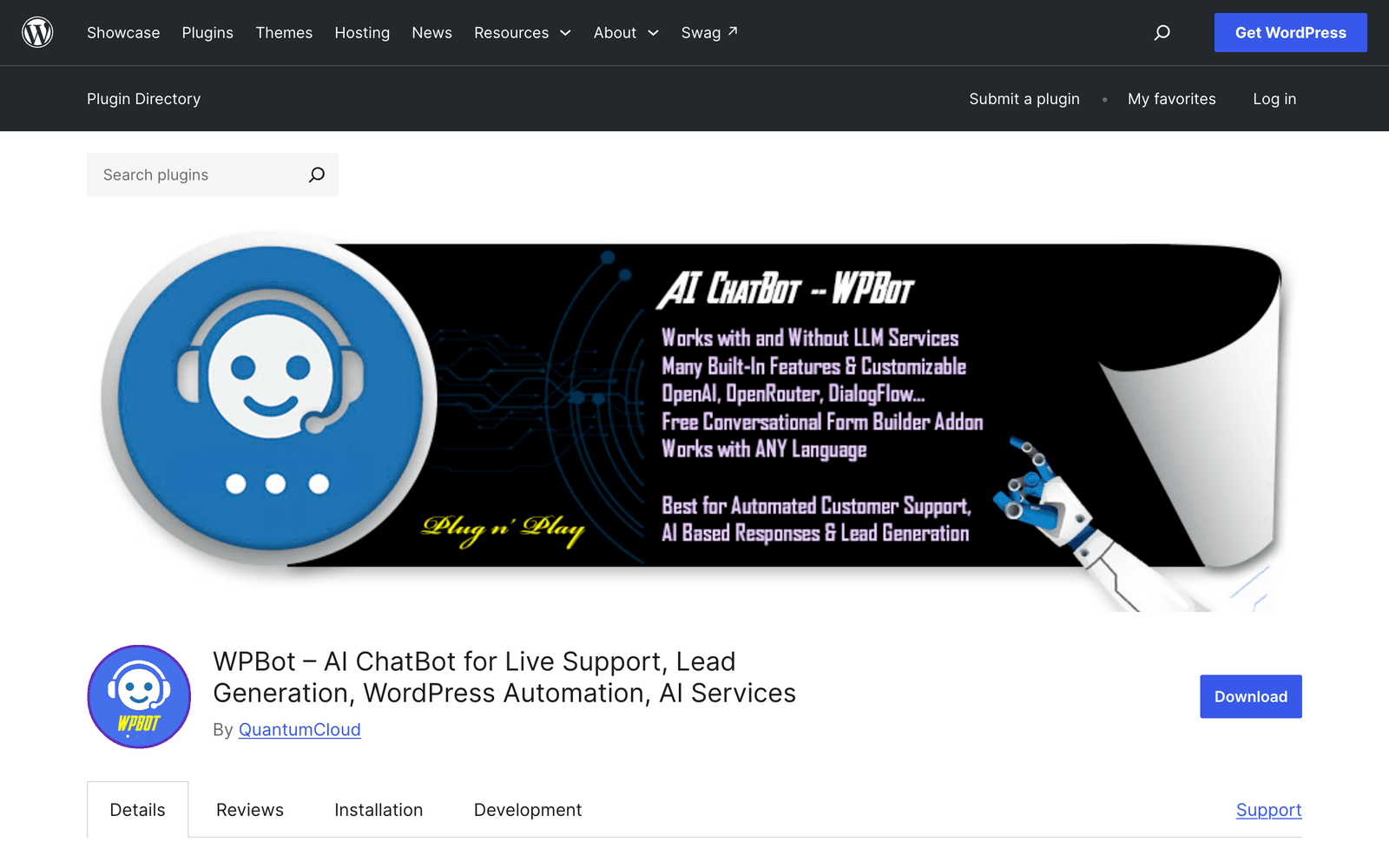 The WPBot AI ChatBot plugin page on WordPress.org, showing 5,000+ active installations and a recent update